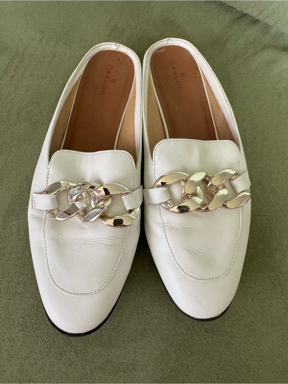 Caslon White Leather Loafers with Gold Chain Accent